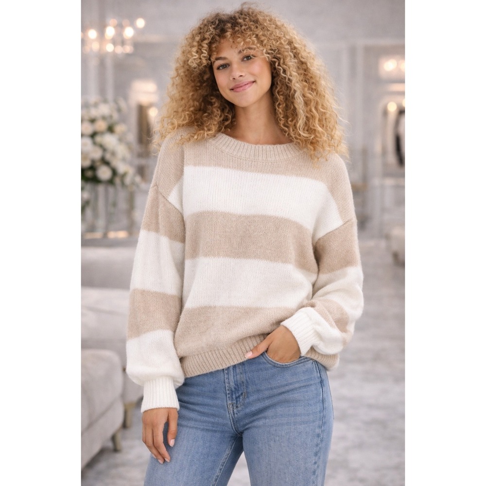 Hippie Rose Striped Knit Sweater Tan Cream Crew Neck Pullover size Small